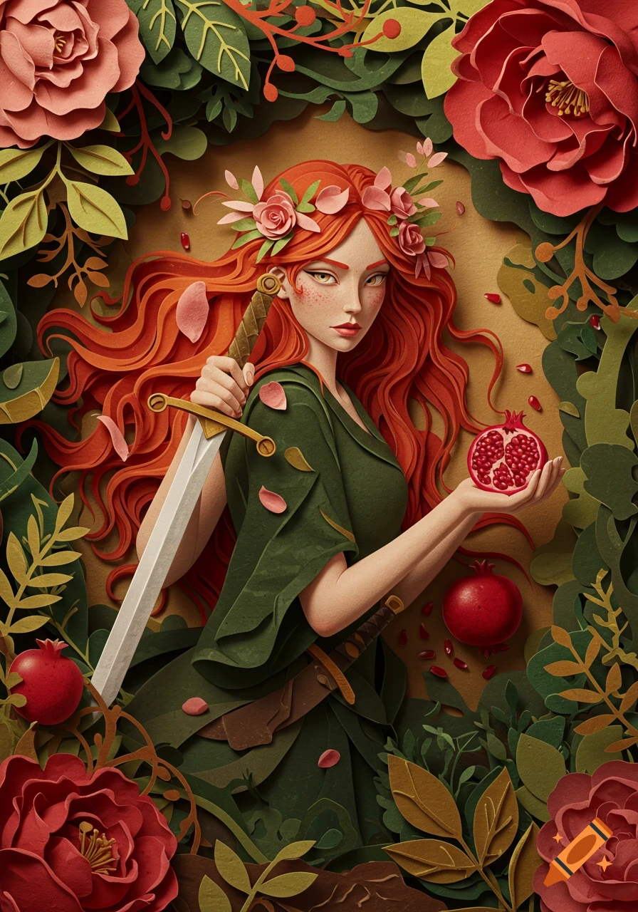 Paper cut art of a red-haired maiden with a sword and pomegranate, surrounded by flowers and leaves.