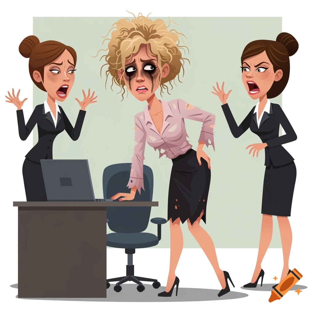 Cartoon caricature of two angry businesswomen shouting at a disheveled and distressed woman in an office.