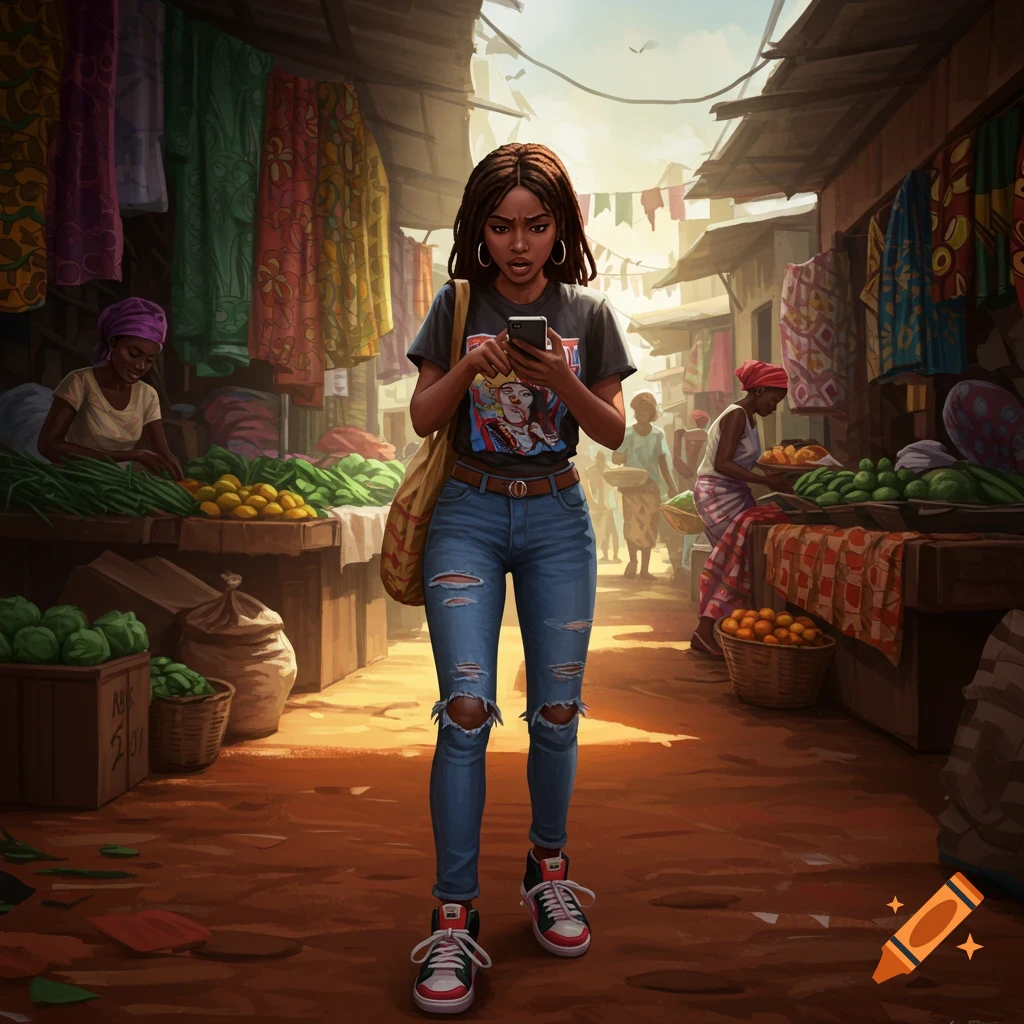 A young woman with dreadlocks in ripped jeans and a t-shirt looks at her phone in a busy outdoor market.
