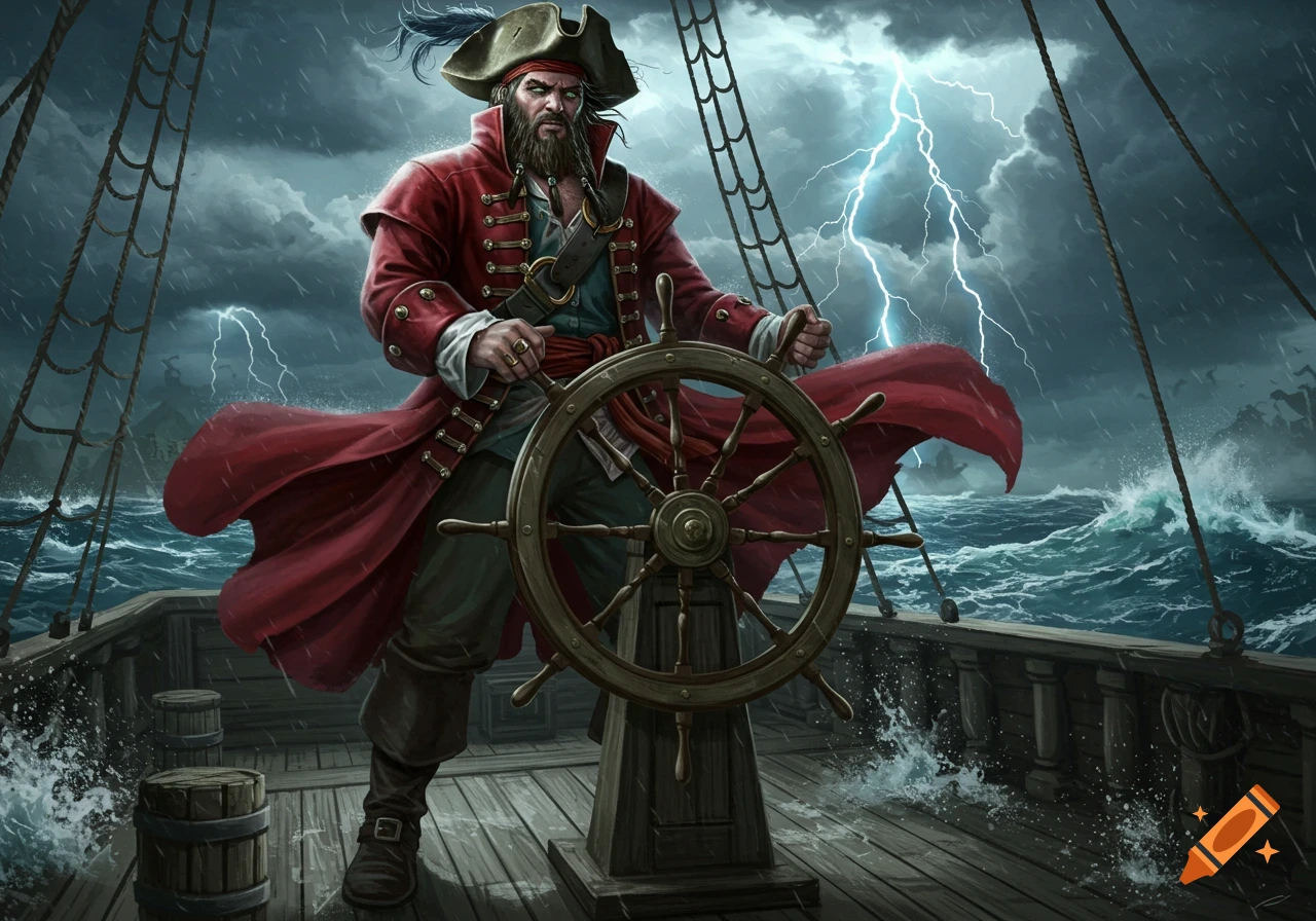 A rugged pirate captain stands at the helm of his ship during a stormy night with lightning.