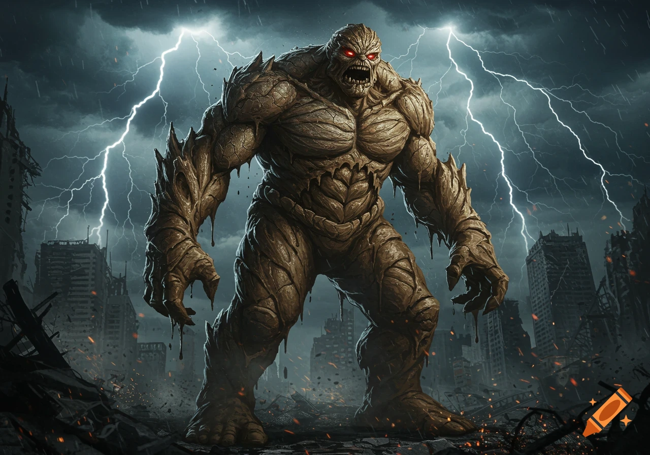 A hulking, brown, cracked-skin monster with glowing red eyes stands menacingly amidst a ruined city under a stormy sky with lightning.