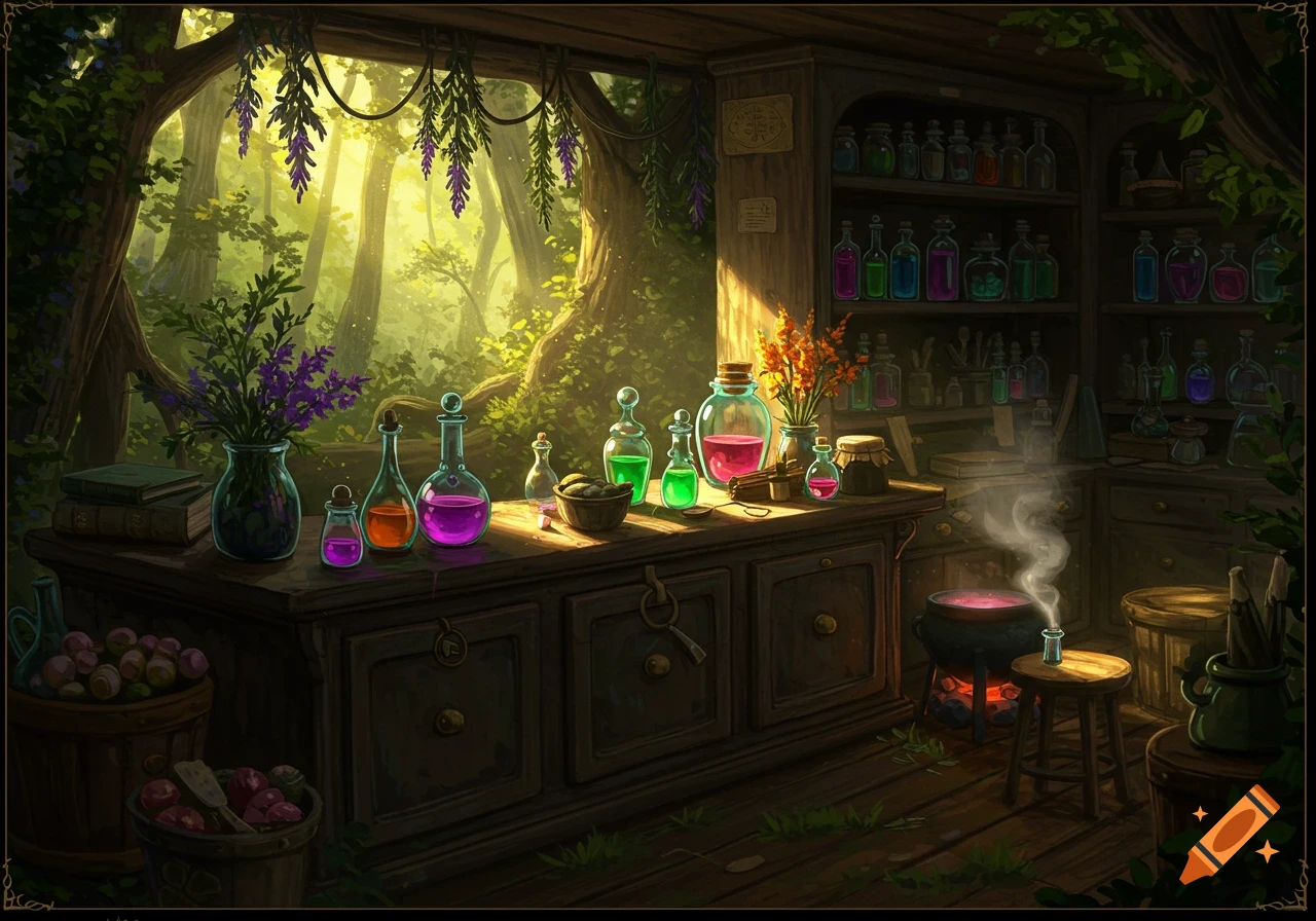 An enchanting alchemist's shop in a forest, filled with glowing potion bottles, herbs, and a steaming cauldron, bathed in golden sunlight.