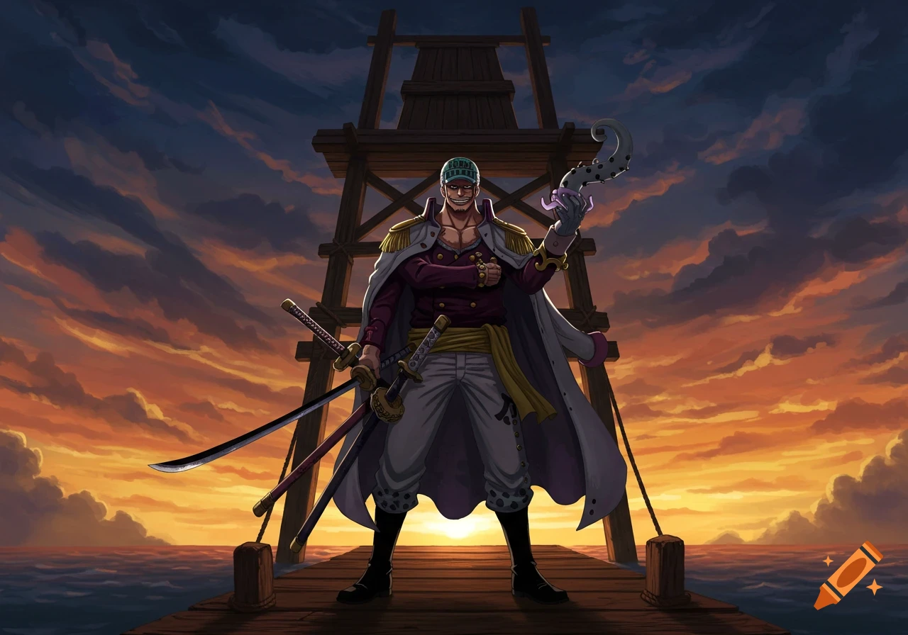 Anime character Smoker from One Piece stands on a pier with swords and a smoke effect, silhouetted against a dramatic sunset.