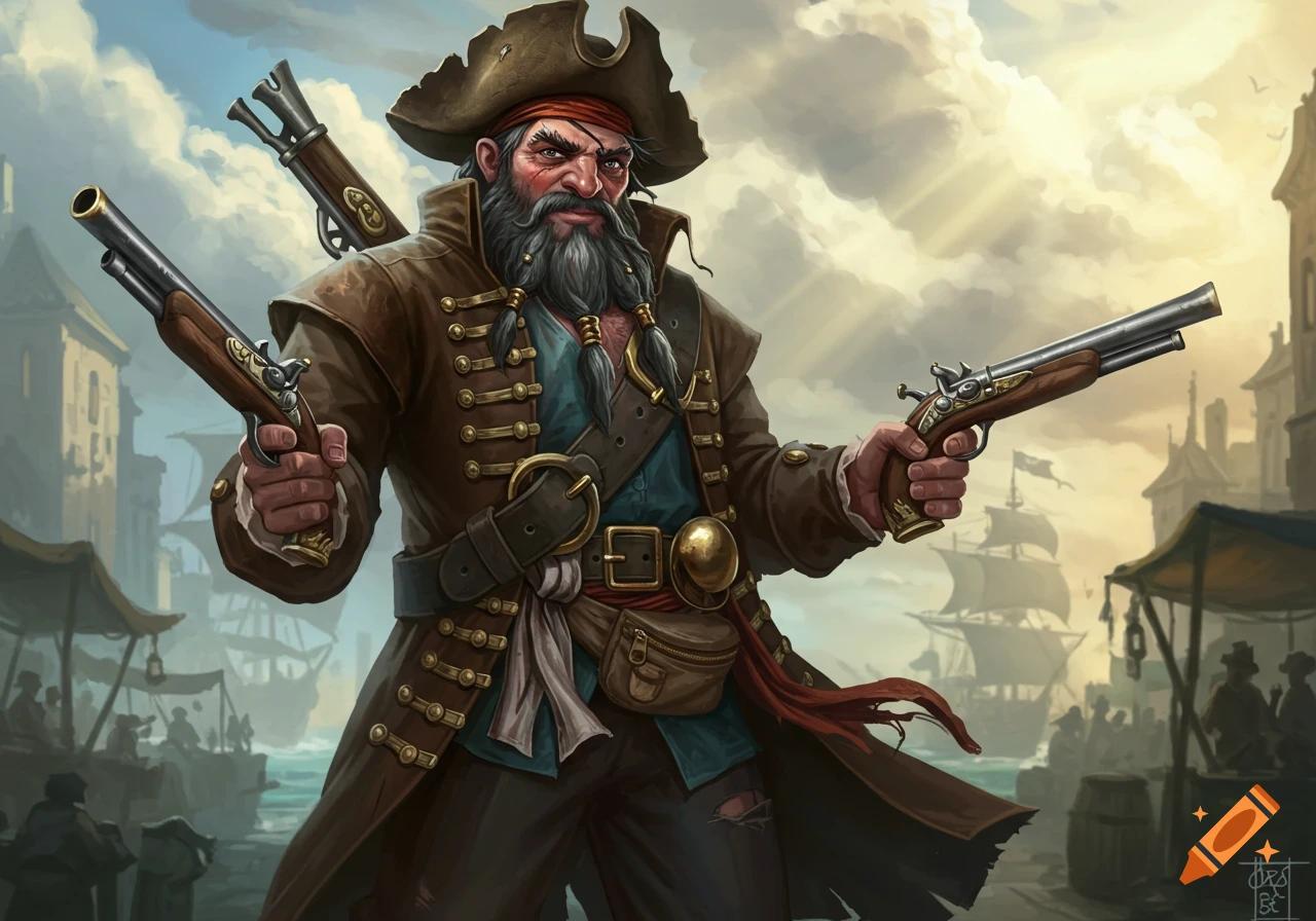 A bearded pirate captain in a brown coat and tricorn hat holds two flintlock pistols on a bustling port dock, digital painting.