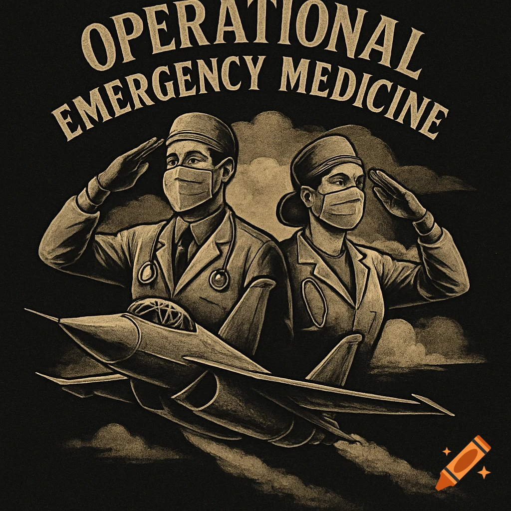 Vintage t-shirt design of a male and female doctor saluting with a fighter jet, text reads 'Operational Emergency Medicine'.