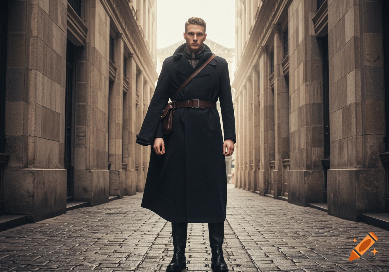 A full-body shot of a man in a long dark coat and boots standing in the middle of a cobblestone street lined with classical buildings. Photorealistic style.