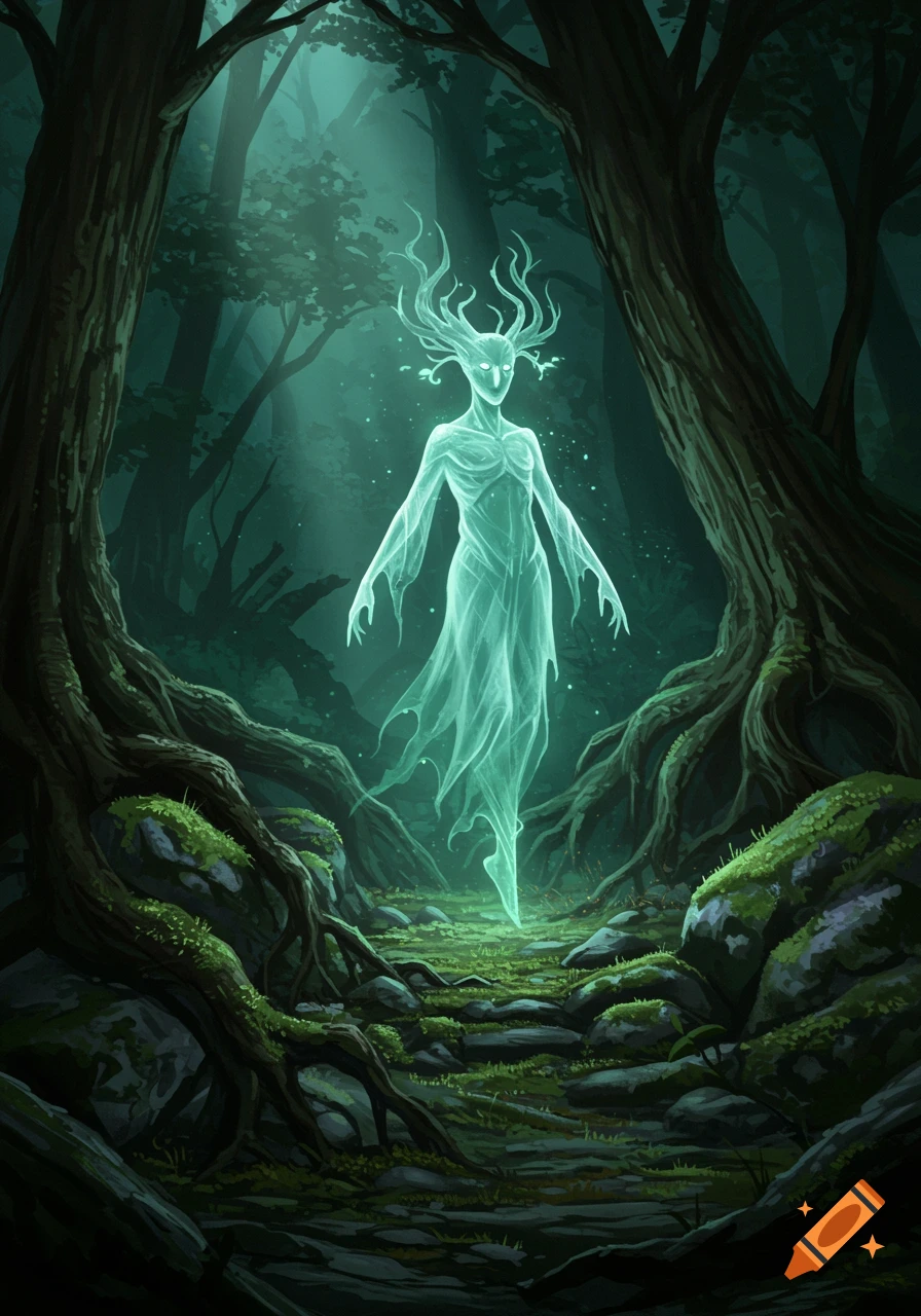 A glowing, ethereal ghost-like creature with tree-like antlers hovers in a dark, mossy forest.
