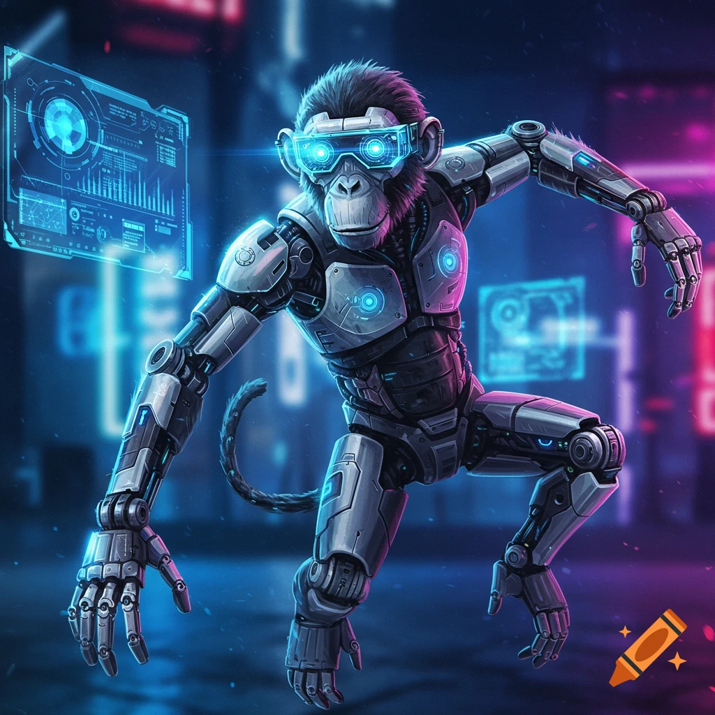 A detailed cybernetic monkey with glowing blue goggles and integrated armor, set against a neon-lit cyberpunk cityscape background.