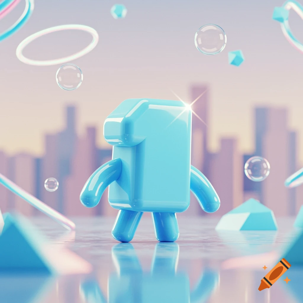 A shiny, light blue 3D render of the number one, anthropomorphized with small arms and legs, standing on a reflective surface against a city skyline background with floating bubbles and geometric shapes.