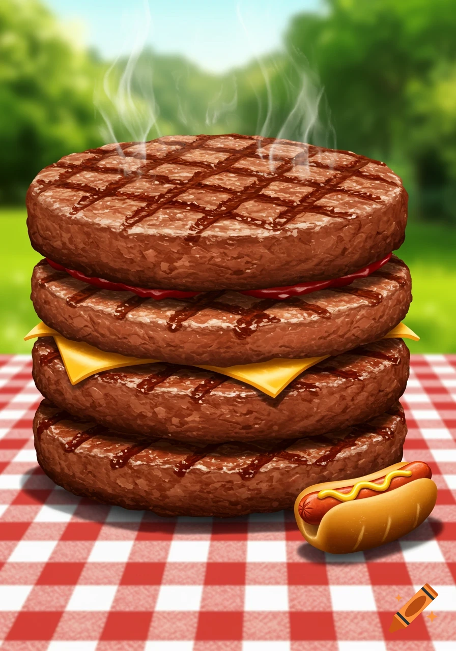 A stack of grilled burger patties and a hot dog on a picnic blanket in a park setting.
