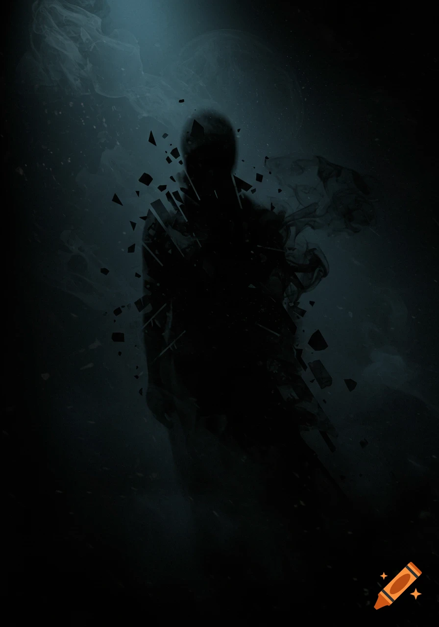 A dark silhouette of a figure disintegrating into fragments and smoke in a moody, dark setting with a light source above.