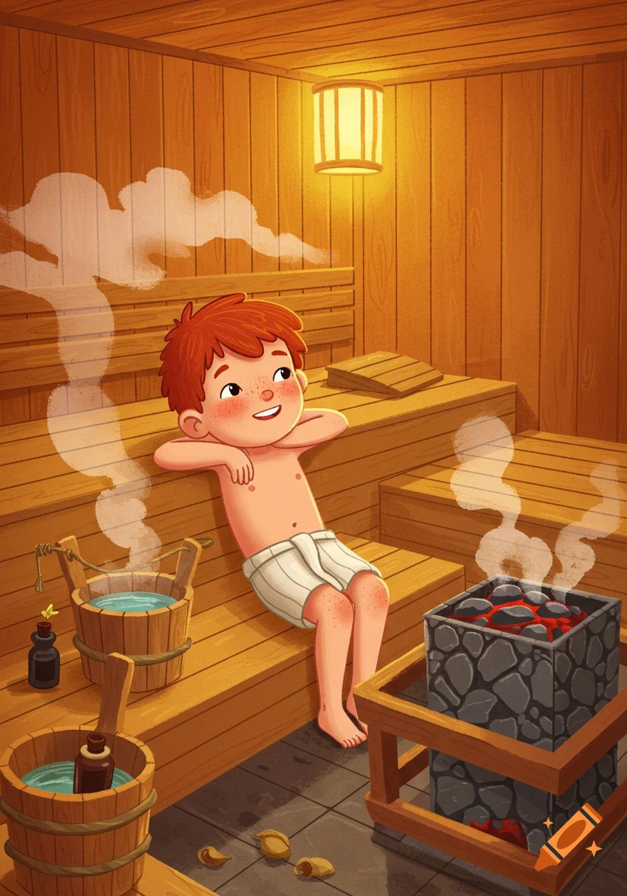 Cartoon illustration of a boy relaxing in a wooden sauna with steam and glowing rocks.