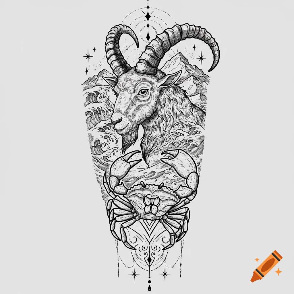 Black and white illustration of Capricorn sea-goat and Cancer crab zodiac signs amidst waves and mountains with stars.