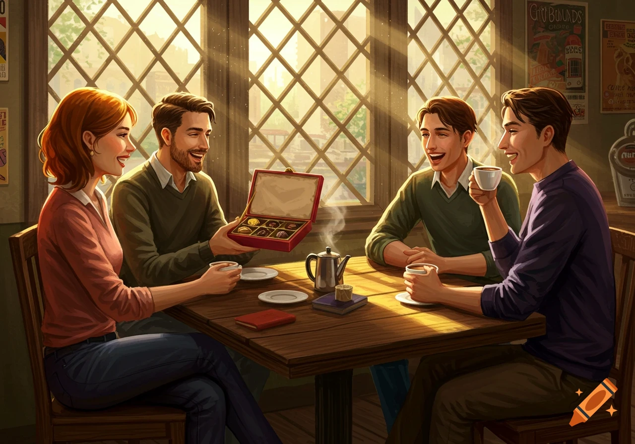 Four friends smiling, enjoying coffee and chocolates in a sunlit cafe.