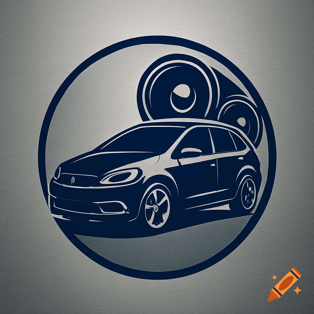 A stylized logo featuring a dark blue hatchback car and subwoofers within a circular border on a grey background.