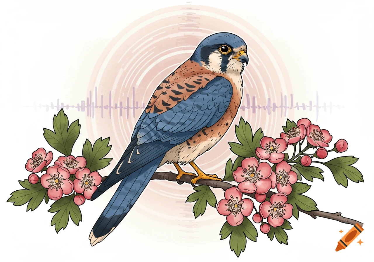 Neo traditional illustration of a Kestrel bird perched on a branch with pink hawthorn blossoms, against a background of faint cymatic patterns.