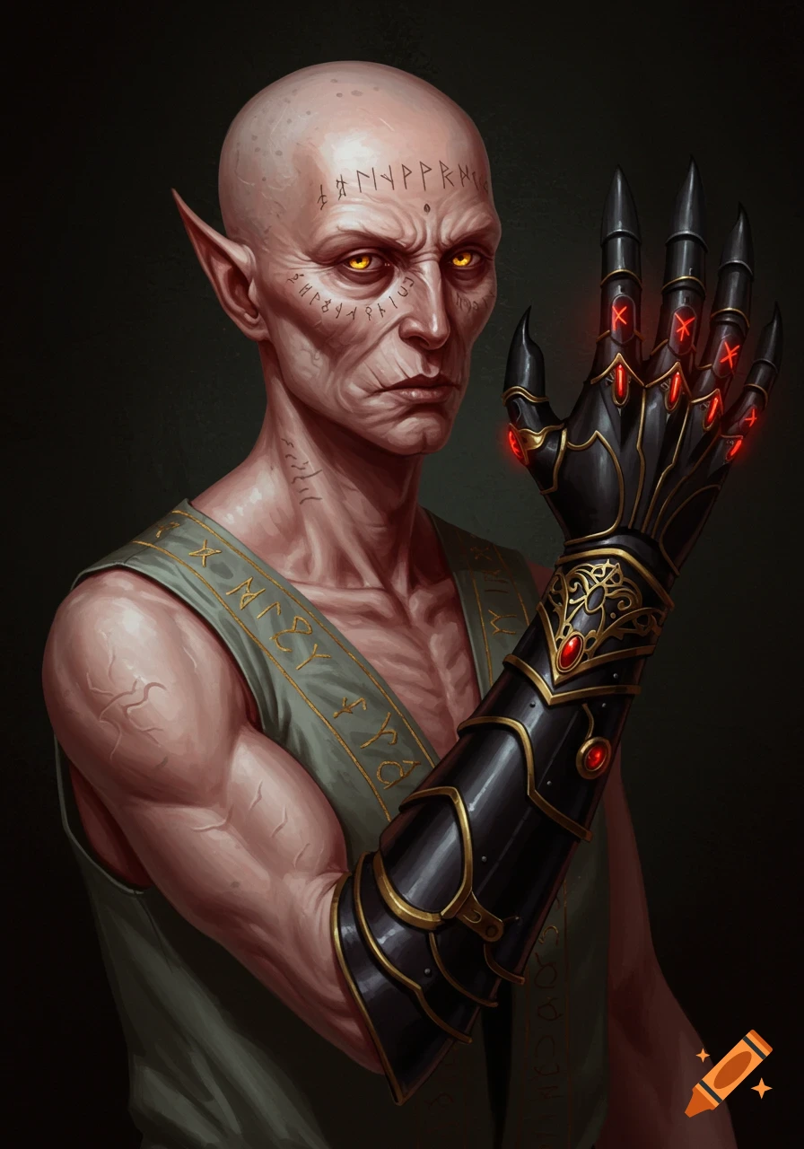 Painted portrait of a bald, emaciated elf with glowing amber eyes, runes on his face, wearing a sleeveless robe and an ornate black gauntlet with red glowing runes.