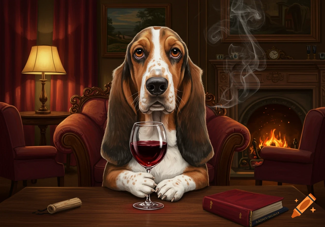 A basset hound sits at a table, holding a glass of red wine in a richly decorated room with a fireplace.