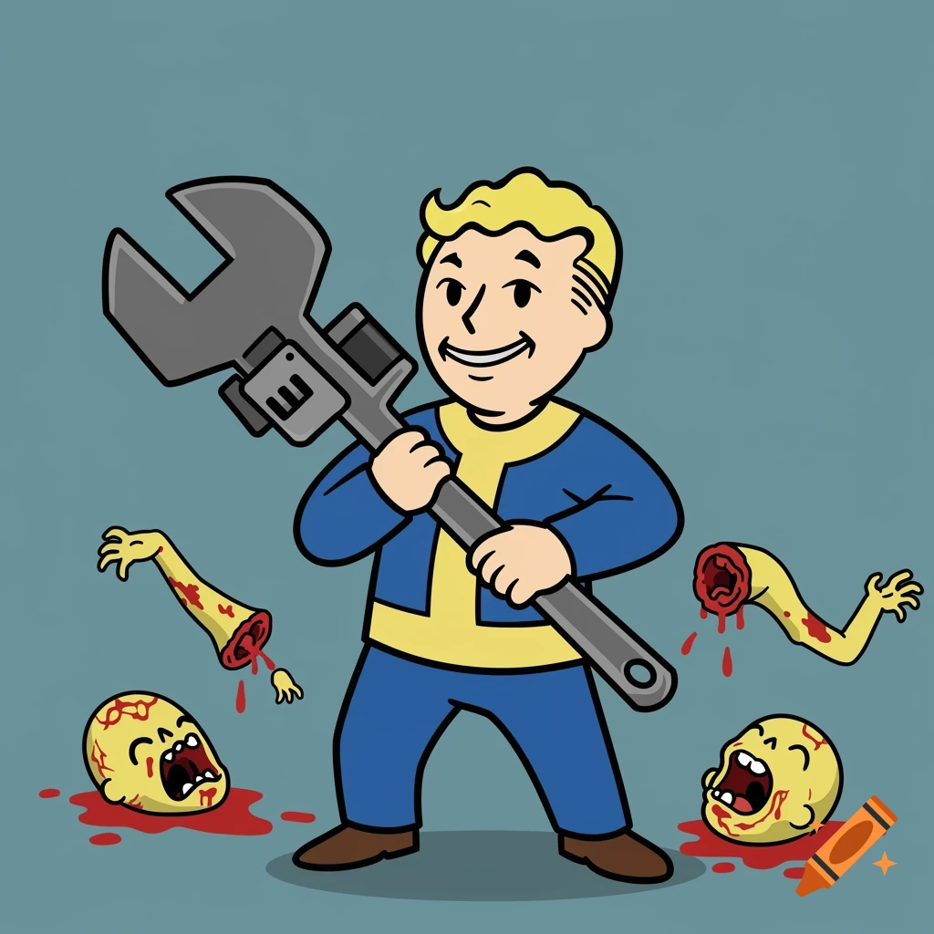 Cartoon Vault Boy with a wrench stands among severed ghoul limbs and heads with blood.