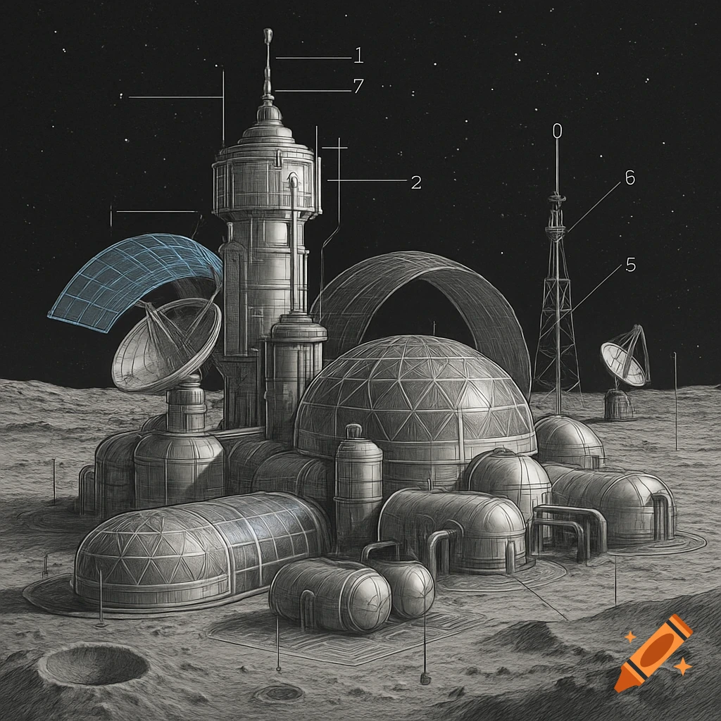 Black and white schematic drawing of a moon base with domes, towers, and antennae, labeled with numbers, on a cratered lunar surface.