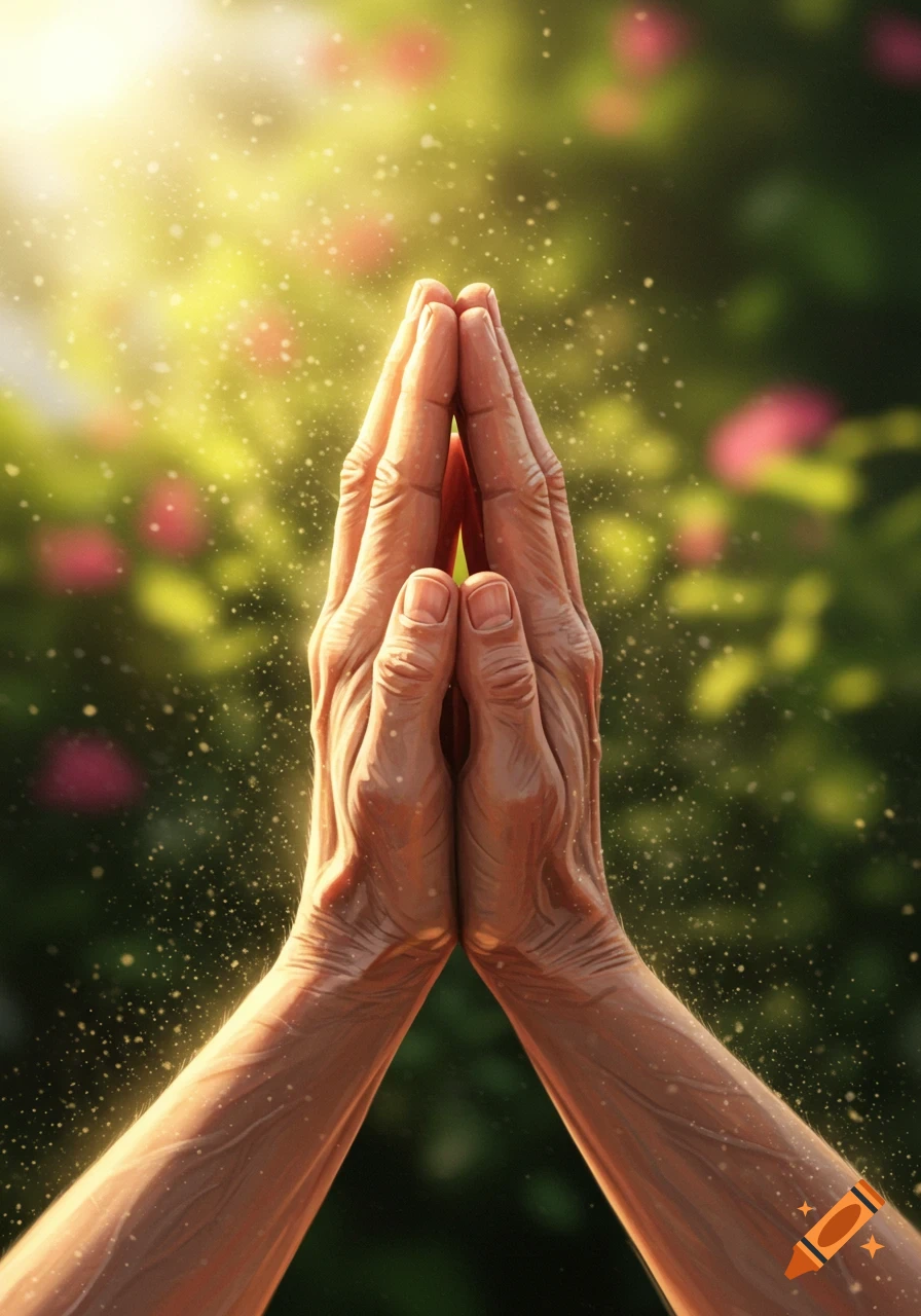 Aged hands pressed together in prayer under golden sunlight with sparkling particles against a green and pink blurred background.
