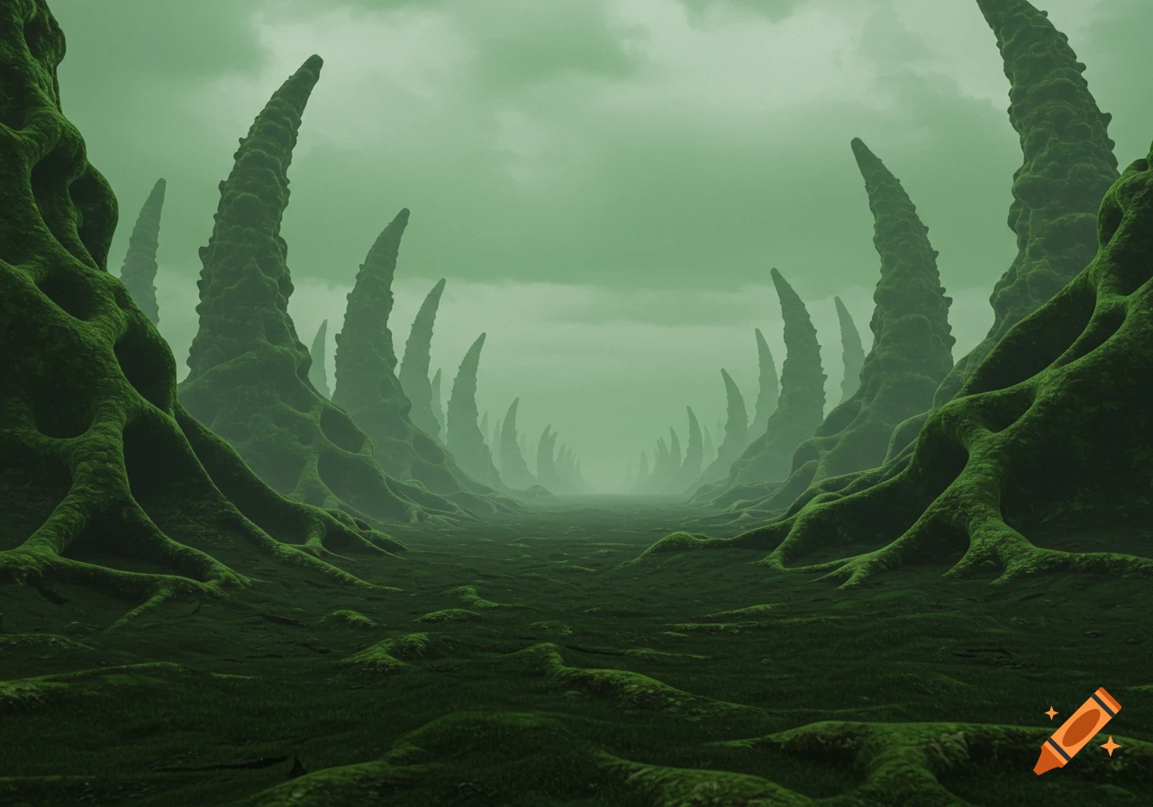 A dark green, alien landscape with towering, gnarled, moss-covered structures forming a pathway under a hazy green sky.