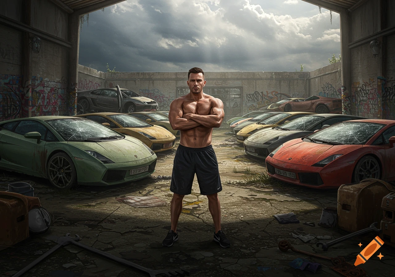 A muscular man stands with crossed arms in an old garage filled with dirty, damaged Lamborghini Gallardo sports cars, under a cloudy sky.