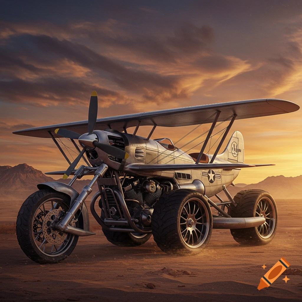 A biplane and motorcycle hybrid vehicle sits in a desert landscape under a dramatic sunset sky.