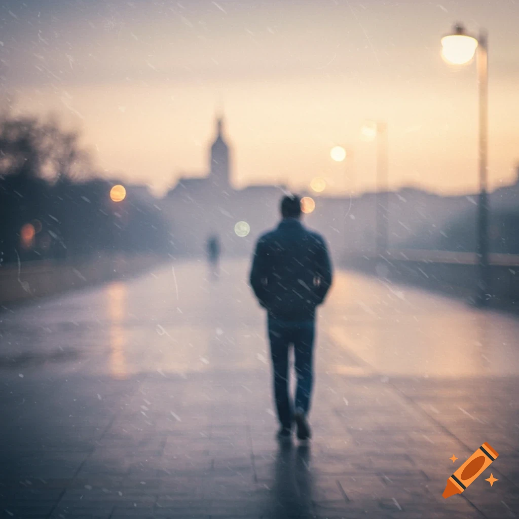 A man walks away on a blurry, wet urban street at dawn, with streetlights and buildings in the background.