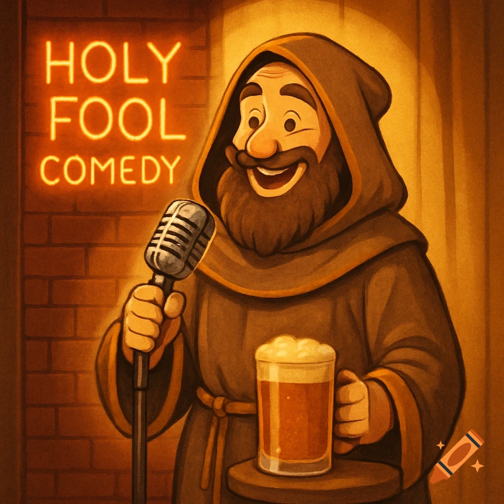 A cartoon monk with a beard and hood, holding a microphone and a beer mug, stands on a stage with a neon sign that reads 'Holy Fool Comedy'.