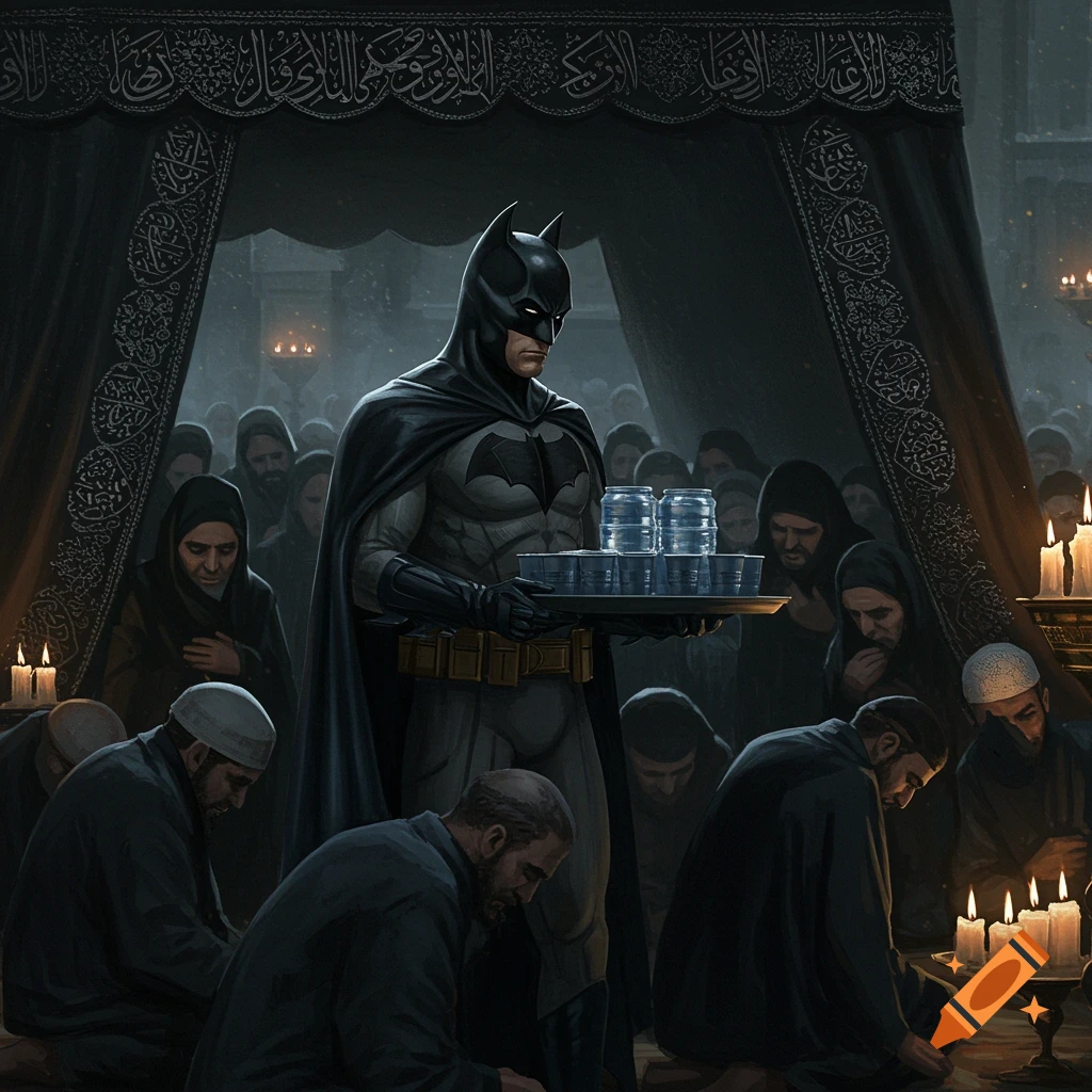 Batman serves drinks on a tray to a crowd of mourners in a dark, candlelit room with intricate patterns on a canopy.
