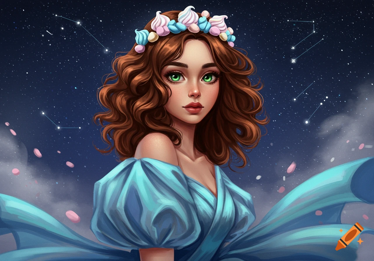 An illustration of a beautiful woman with green eyes, curly brown hair, a blue dress, and a pastel marshmallow crown against a starry night sky.