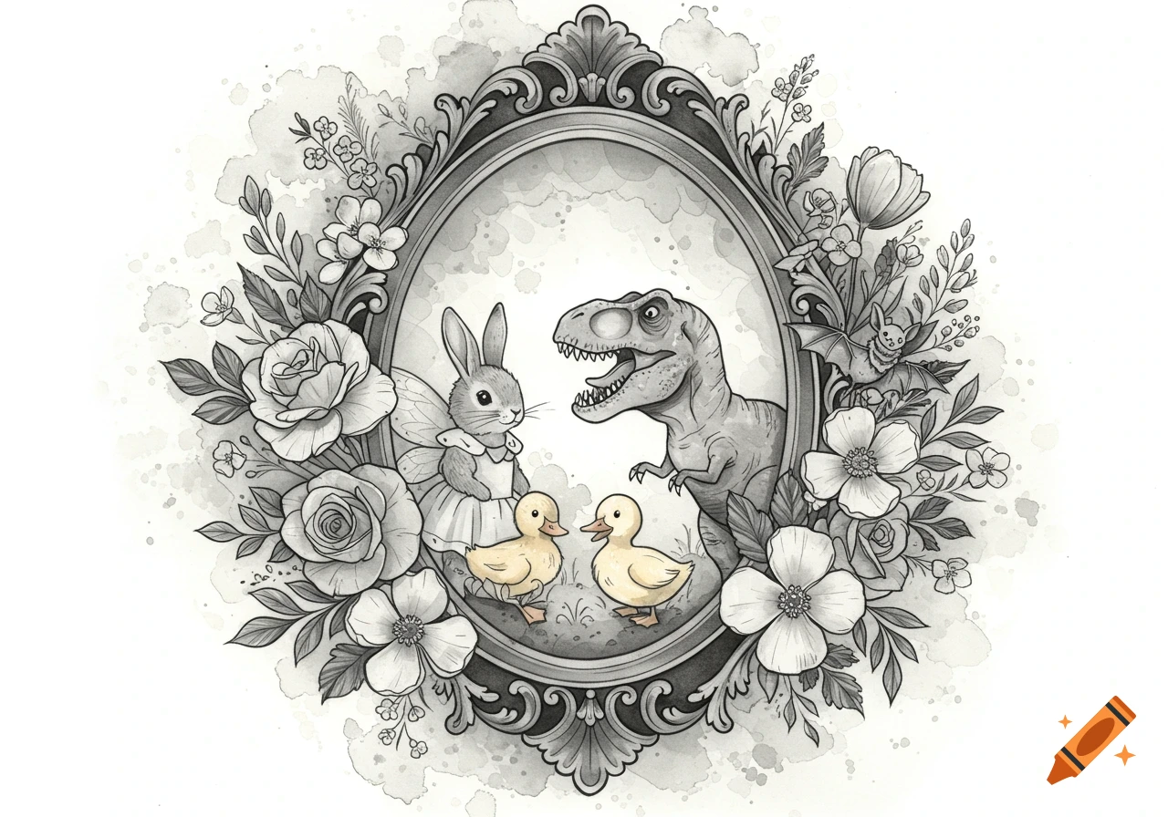 Black and grey drawing of a bunny, T-Rex, two ducklings, and a bat in an ornate oval frame surrounded by flowers.