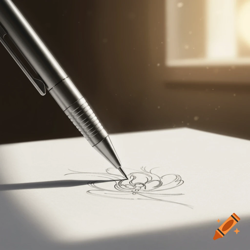 A close-up of a silver mechanical pencil sketching an intricate, flowing design on a piece of white paper, bathed in warm light from a distant window.