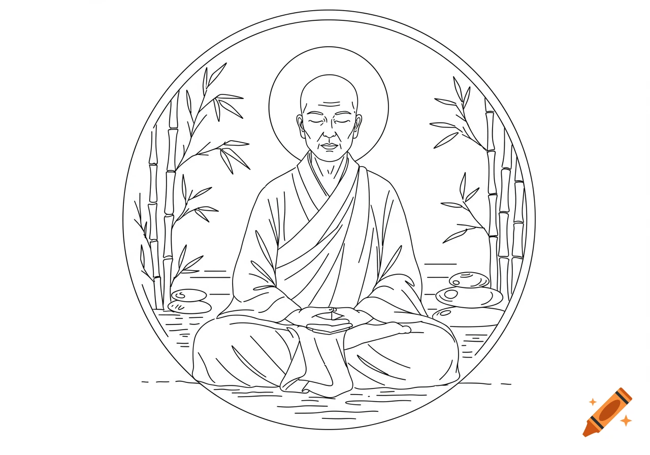 Line art illustration of a middle-aged monk meditating peacefully within a circular frame with bamboo and stones.