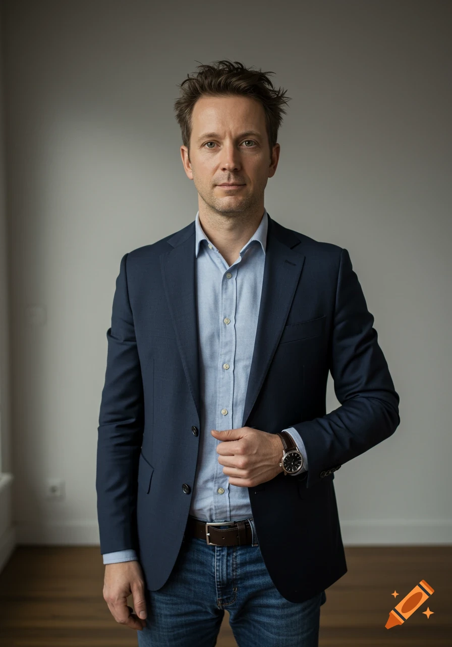 A man in a navy blue suit jacket, light blue shirt, and jeans stands against a light gray wall.