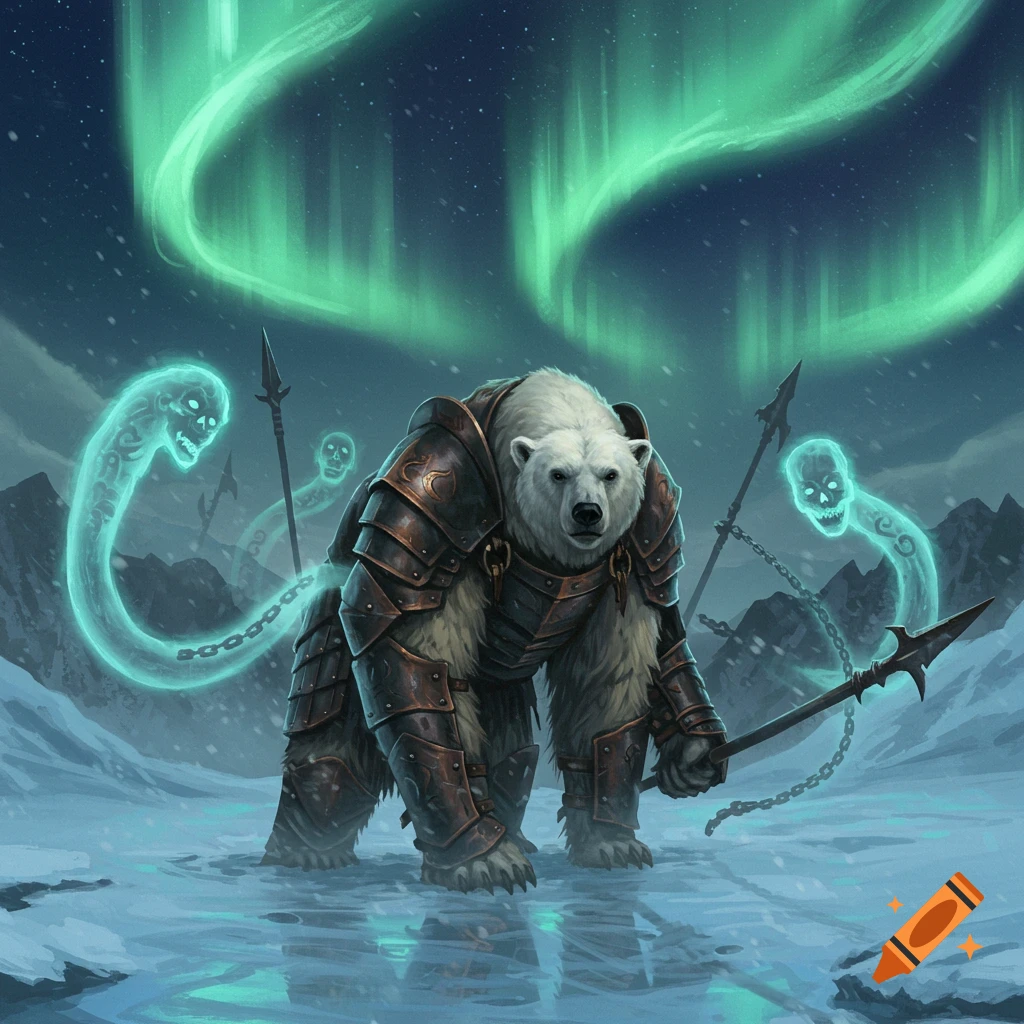 An armored polar bear stands in a snowy landscape with glowing green ghosts and spears under a green aurora.