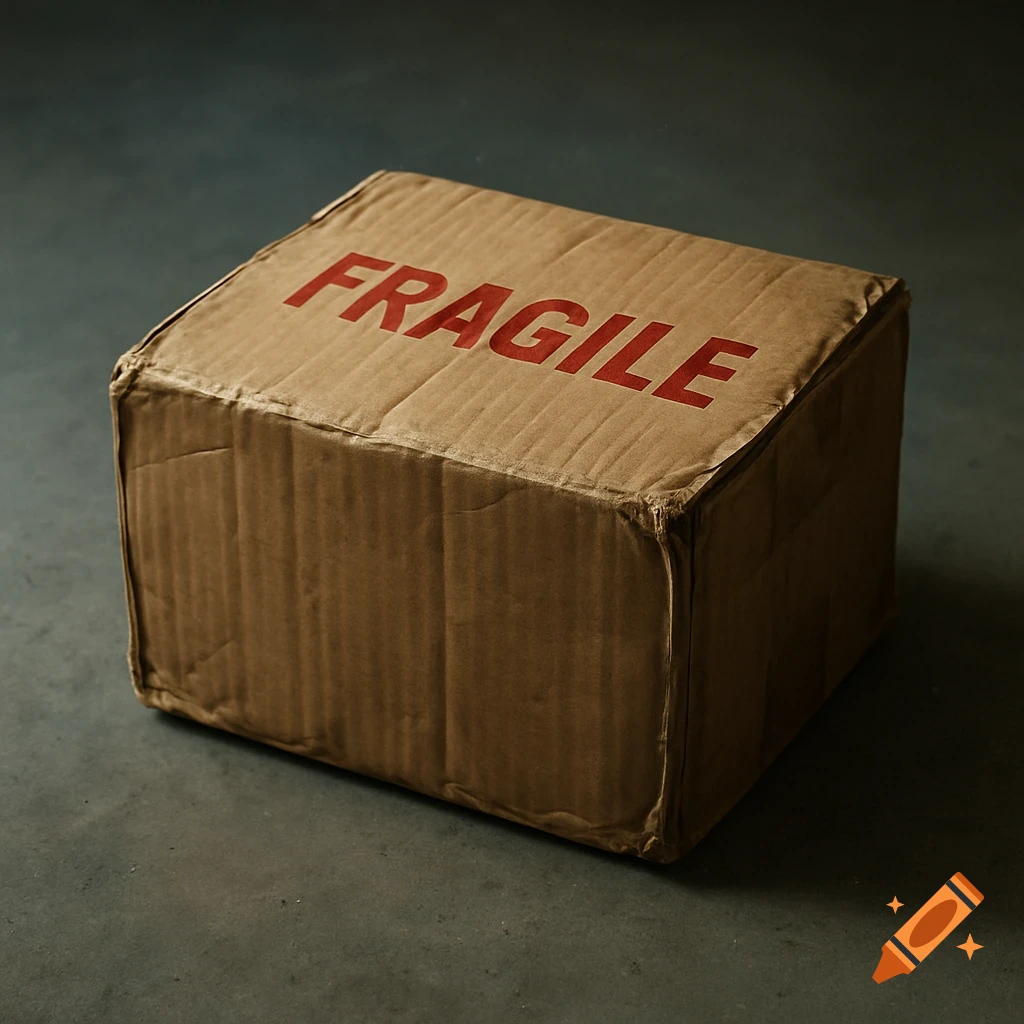 A brown cardboard box with the word 'FRAGILE' stamped in red on top, resting on a dark surface.