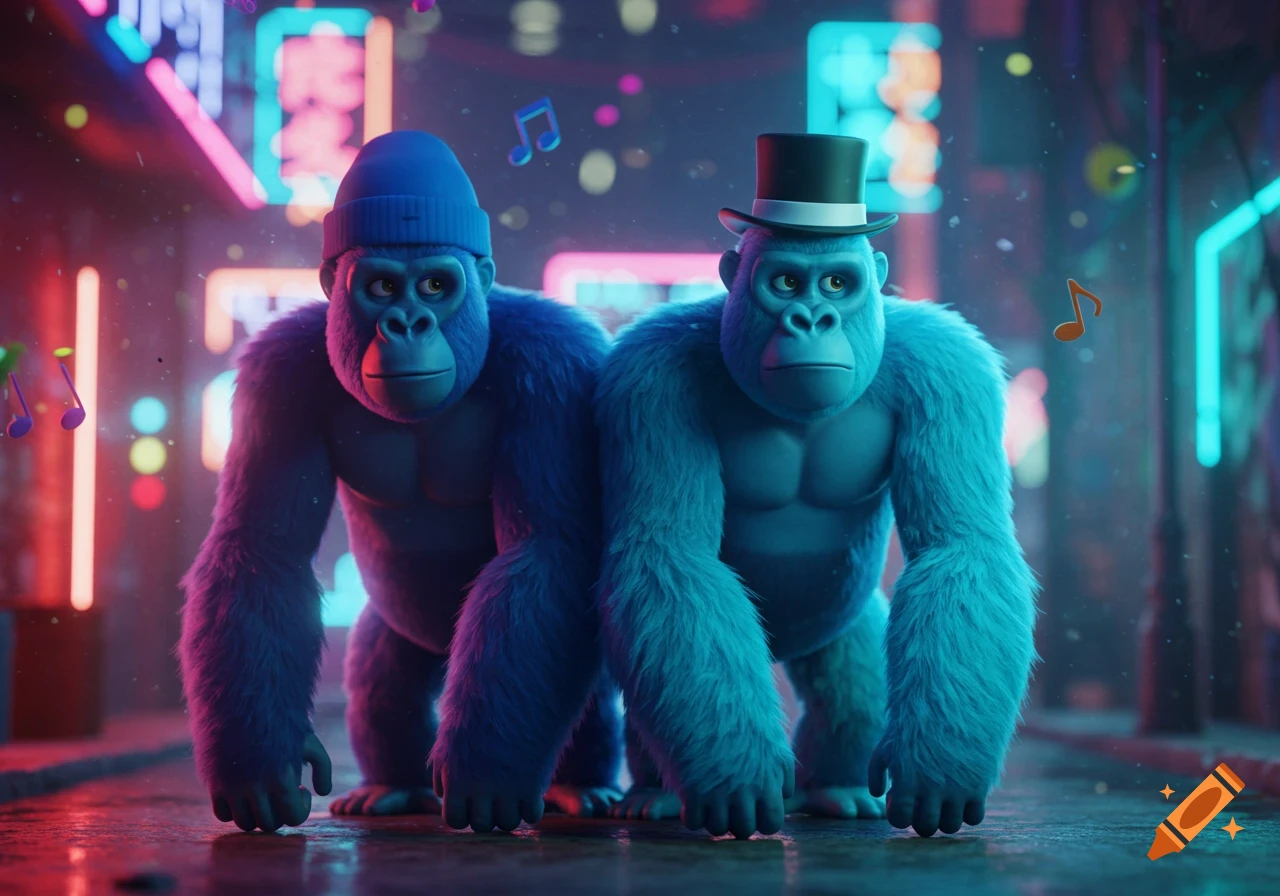 Two animated blue gorillas, one with a beanie and one with a top hat, in a neon-lit city at night with floating music notes.
