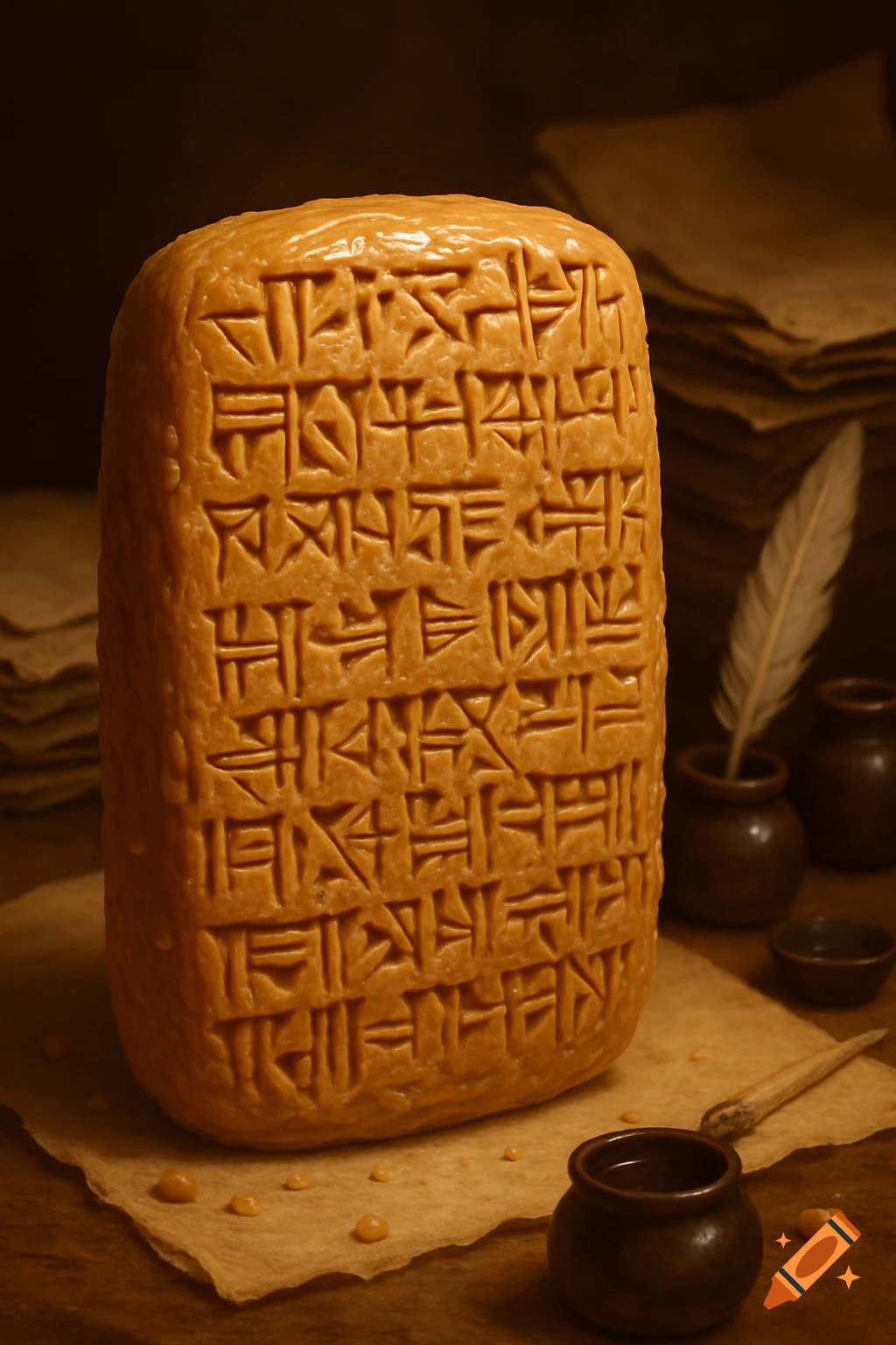 A close-up shot of an ancient cuneiform tablet, made of textured peanut butter, sitting on old paper with ink pots and a quill.