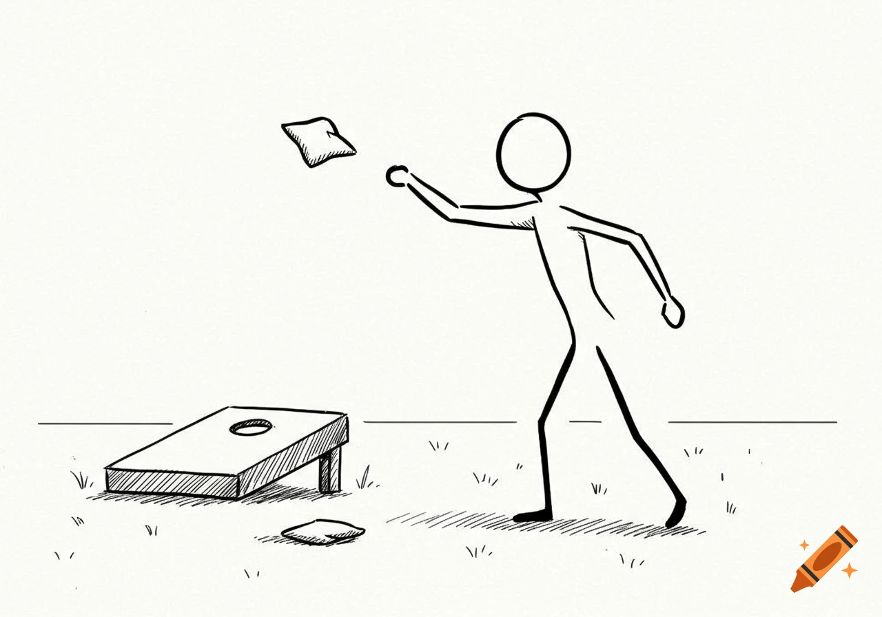Black and white line art sketch of a stick figure throwing a cornhole bag towards a cornhole board on a grassy field.