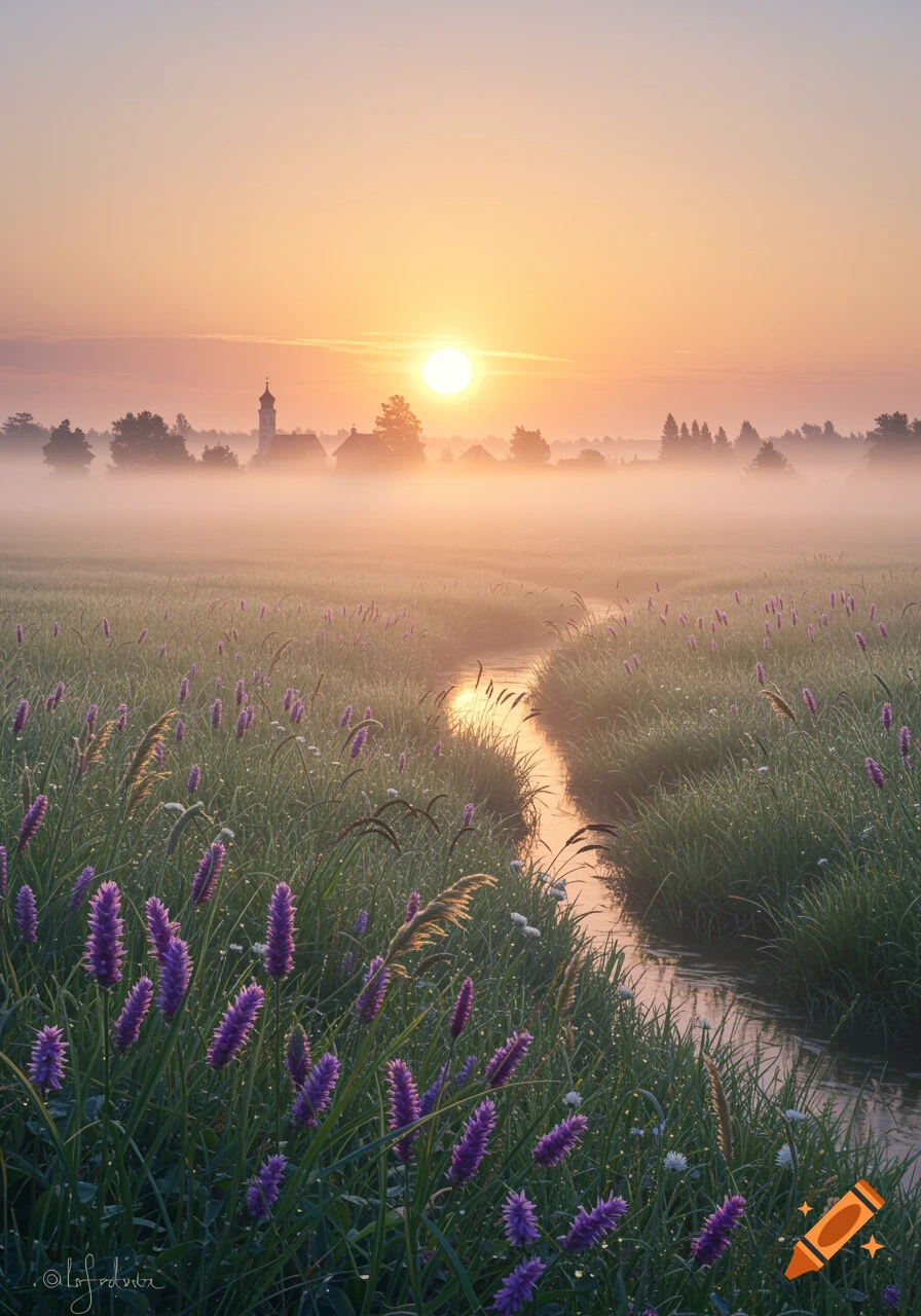 A misty field at sunrise, with a stream winding through purple flowers and tall grass, leading to a distant village with a church steeple.