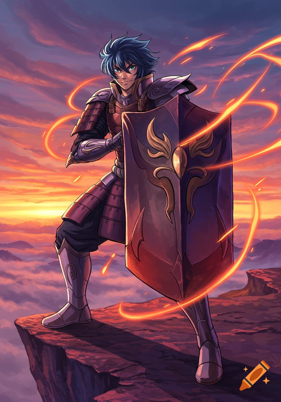 Armored Japanese anime guy with blue hair holding a shield on a cliff at sunset with glowing energy.
