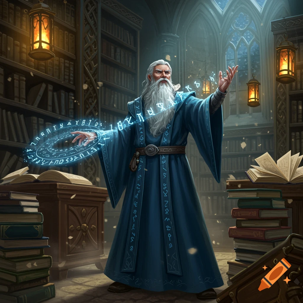 A wizard with a long white beard in a blue robe casting a glowing rune spell in a magical library filled with books.