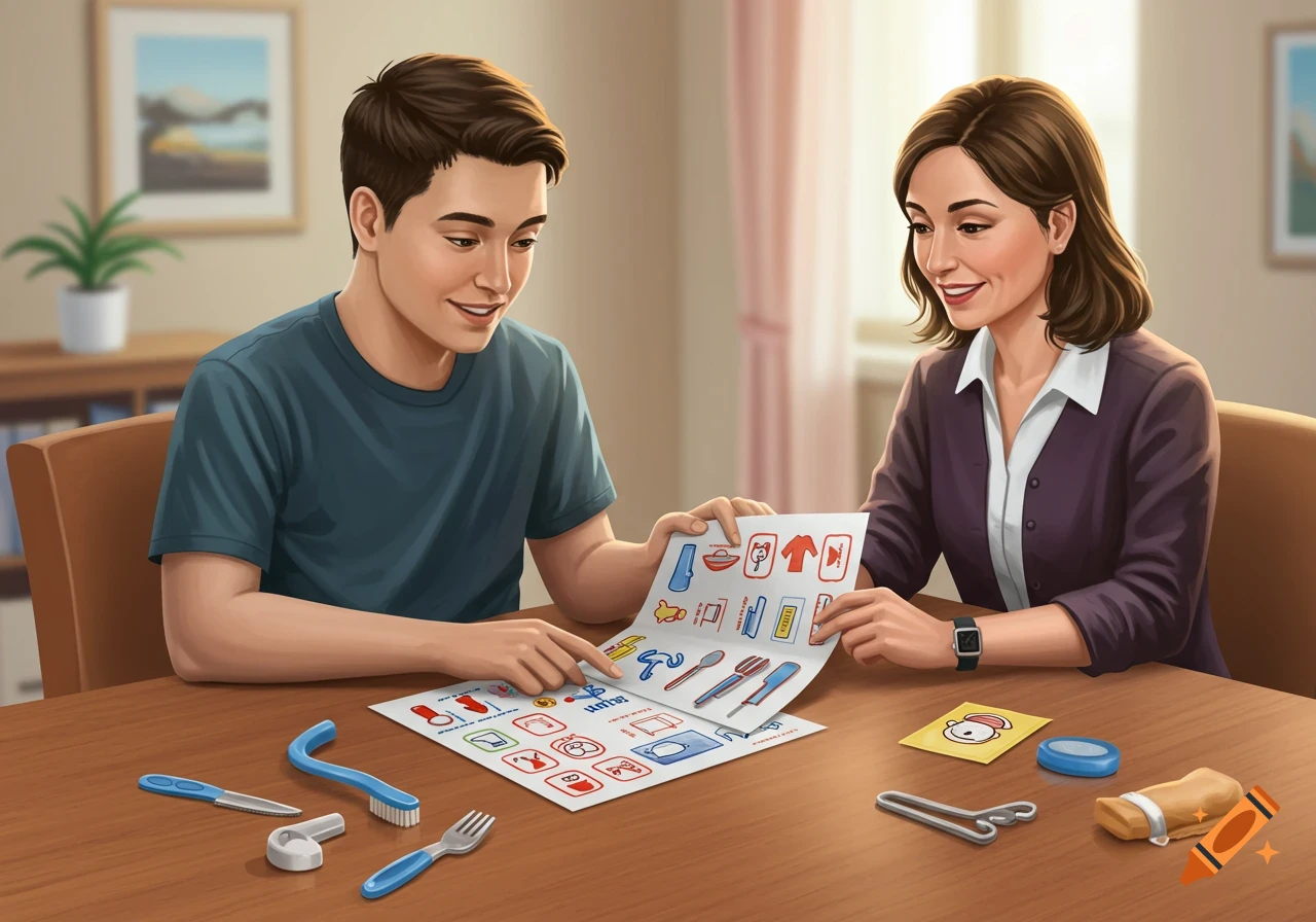 A young man and an occupational therapist review a personalized self-care plan with icons and adaptive tools on a table, in a digital illustration.