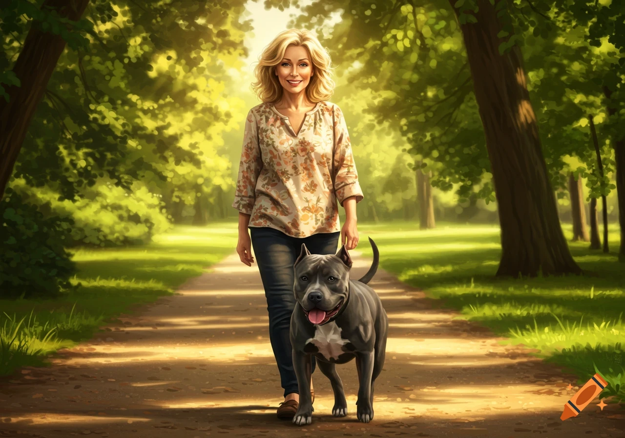 A pretty Caucasian woman walking a blue pitbull on a sunny path in a park with trees.