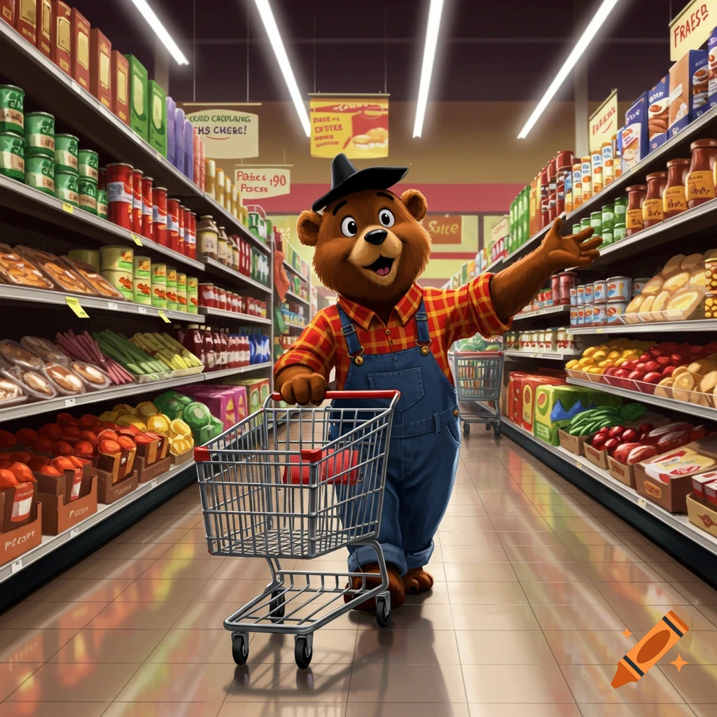 A friendly cartoon bear in a plaid shirt and overalls pushes an empty shopping cart down a grocery store aisle.