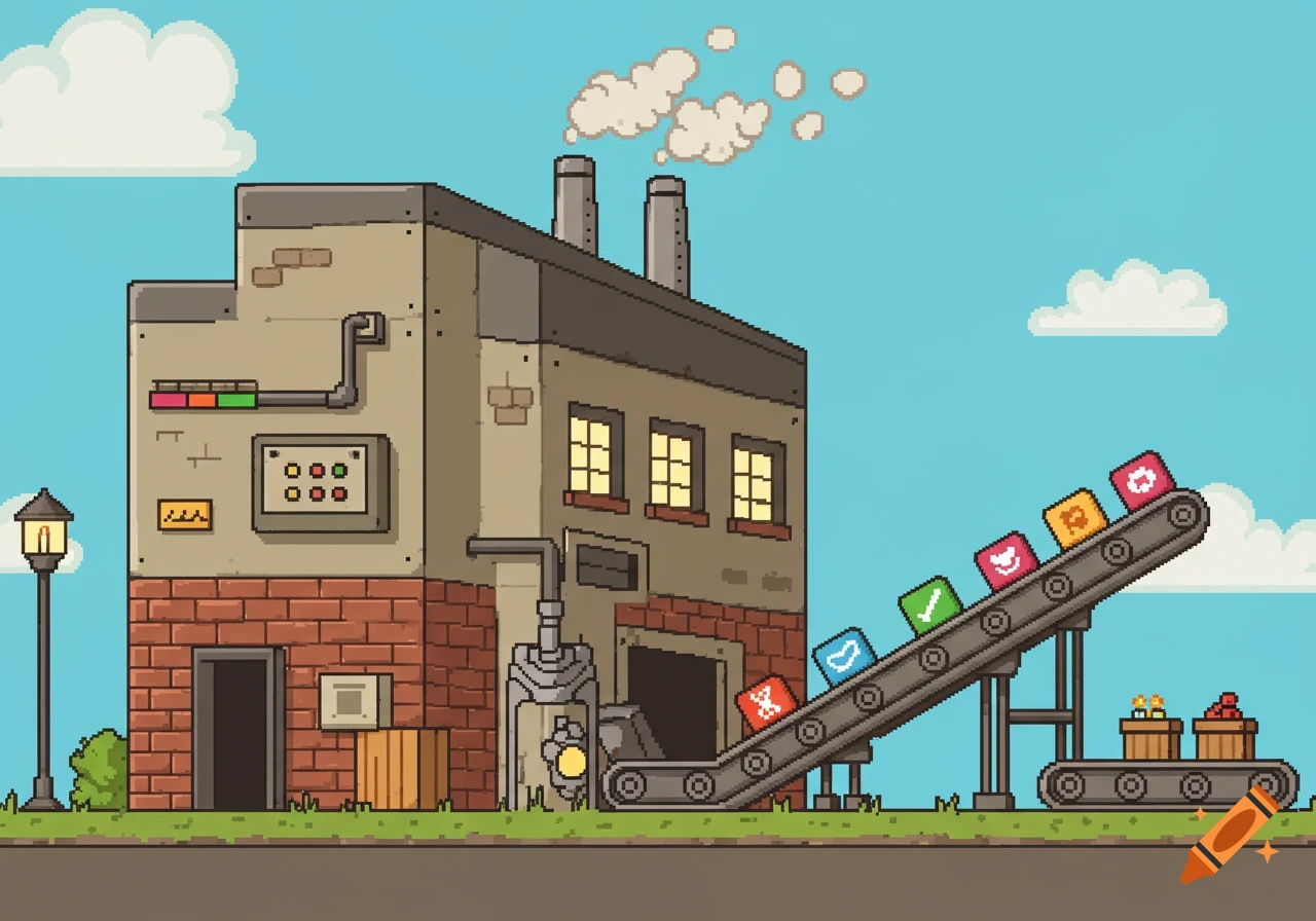 A pixel art illustration of a factory building with smoking chimneys and a conveyor belt carrying colorful block-like products under a blue sky.