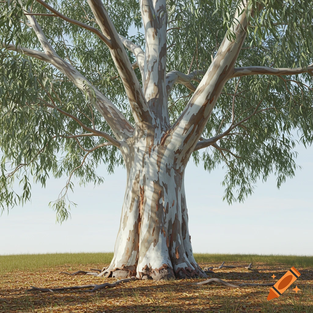 A photorealistic eucalyptus tree with peeling bark stands in a grassy field under a bright sky.