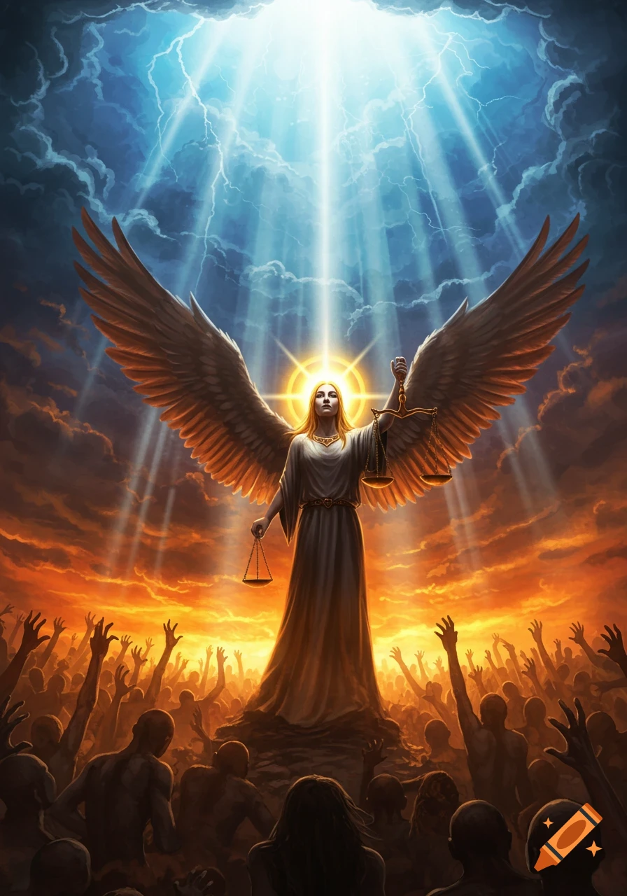 A winged angel holding scales stands illuminated by divine light, overlooking a crowd of people with outstretched hands beneath a stormy sky.